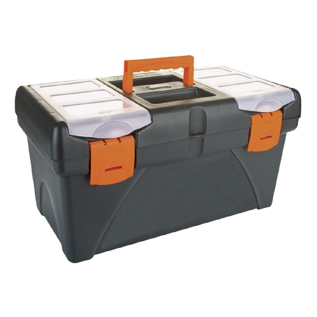 Caja de herramientas con tapa transparente, color negro con detalles naranja