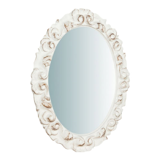 Espejo decorativo ovalado estilo vintage, marco tallado blanco envejecido, para pared